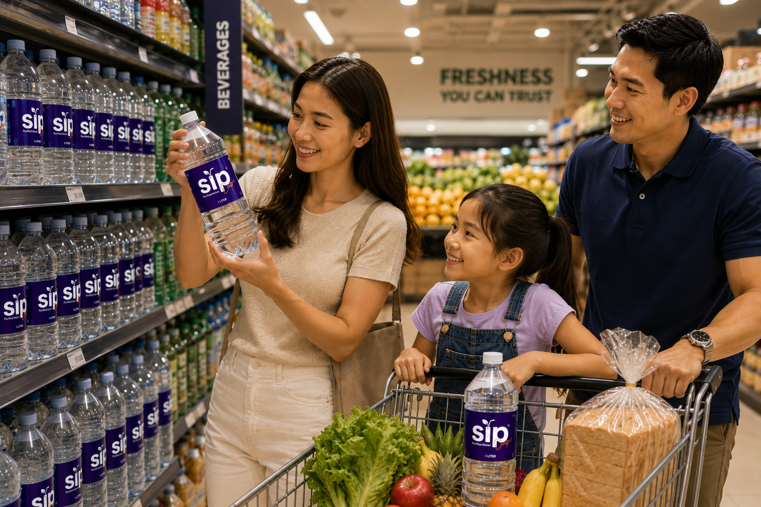 Family choosing SIP water in a supermarket