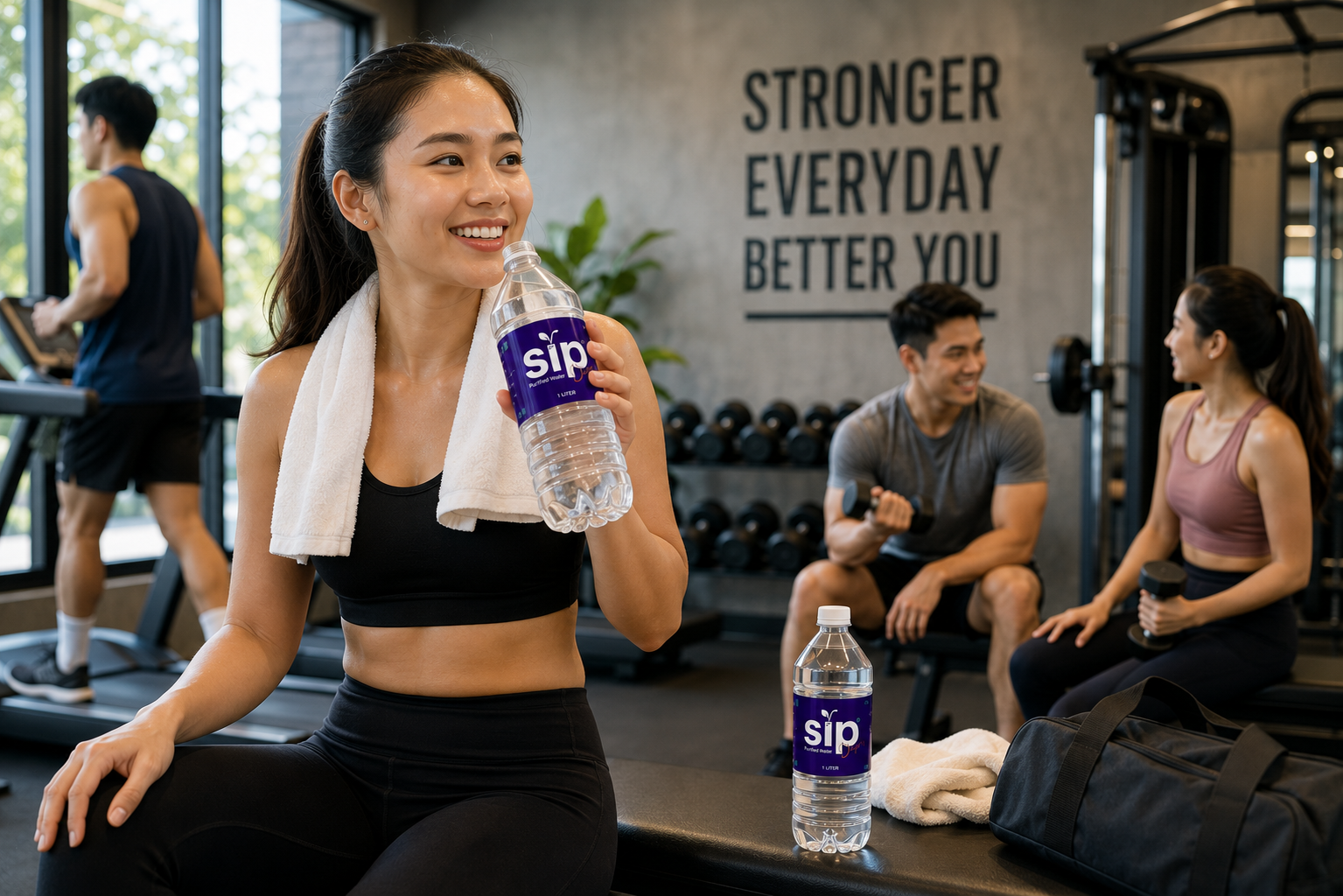 Woman enjoying SIP Purified Water after a premium gym workout