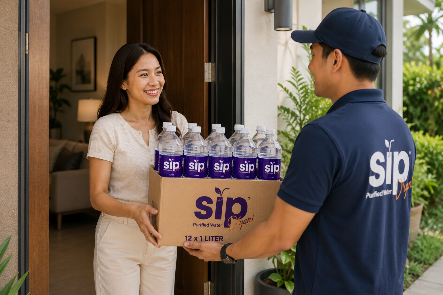 SIP delivery team handing a case of purified water to a customer at home