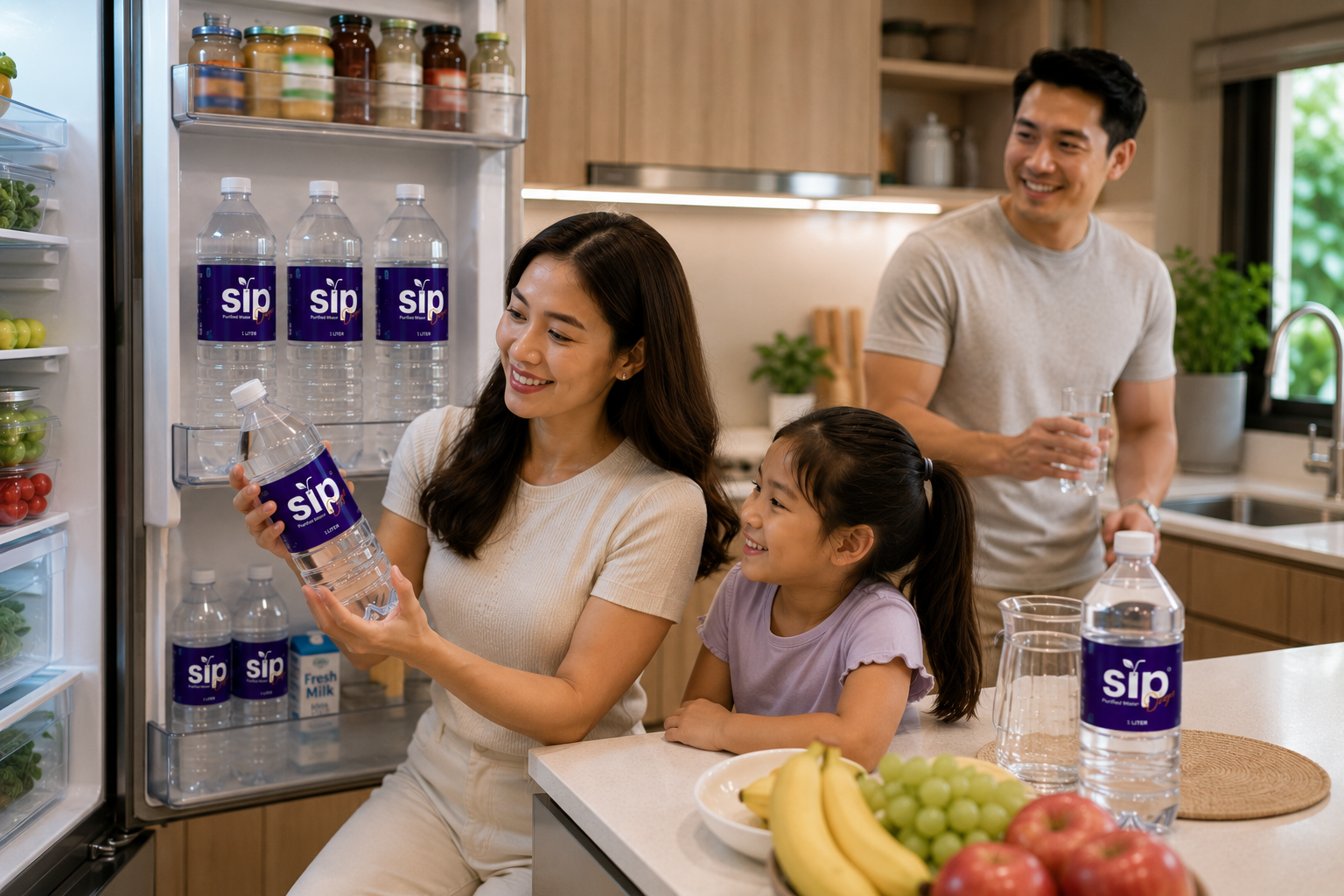 Family choosing chilled SIP Purified Water from a well-stocked kitchen refrigerator