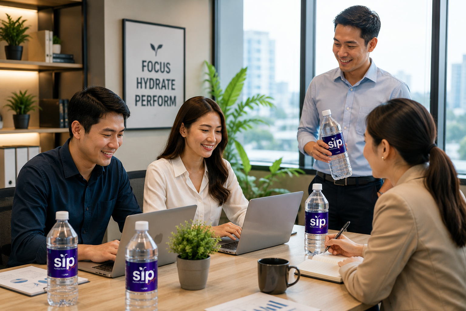 Office team collaborating with SIP water at their workspace