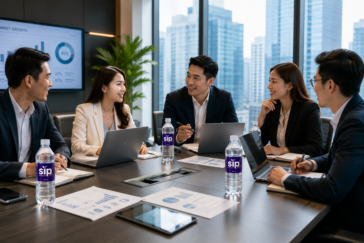 Corporate team meeting with SIP Purified Water on the conference table