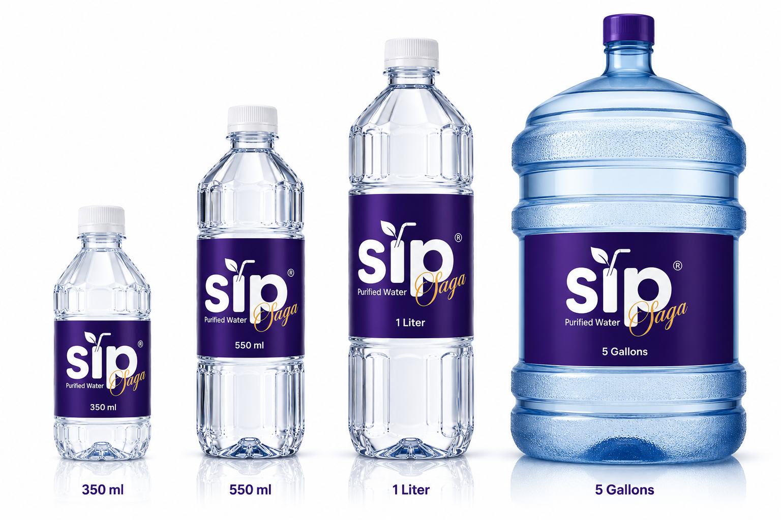 Official SIP Purified Water lineup with 350 ml, 550 ml, 1 Liter, and 5 Gallon formats